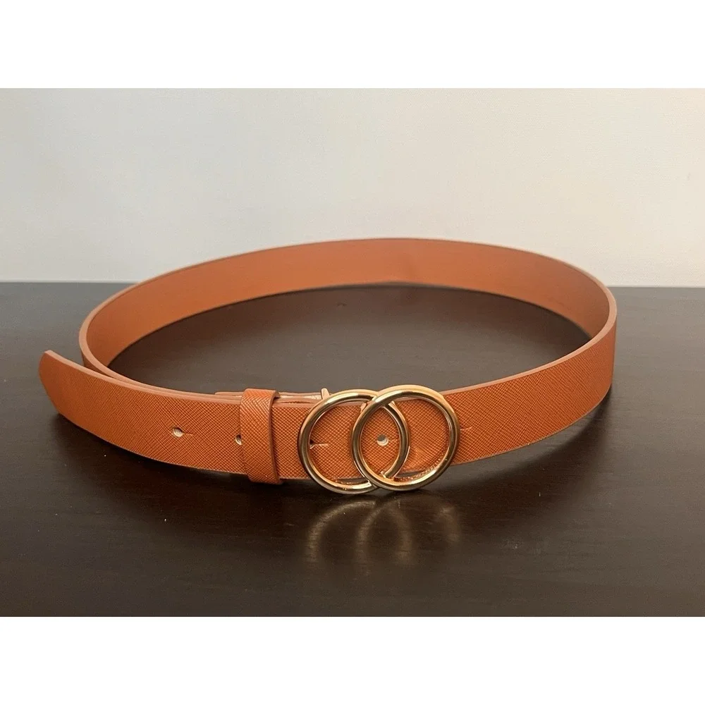 Aldo Cognac Brown Saffiano Belt Small Petite S Gold Double O Ring Interlocking